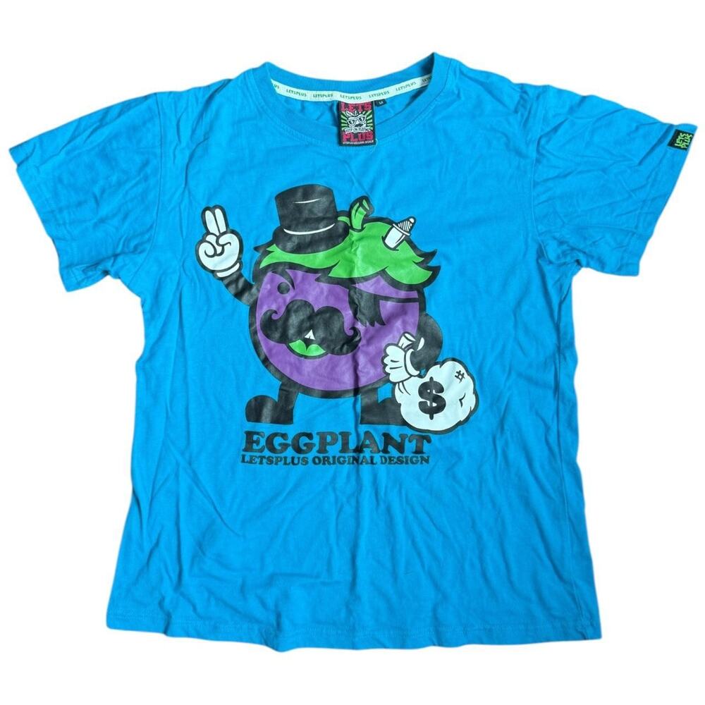 Y2K Blue and purple eggplant monopoly man Lets Plus t-shirt Size M